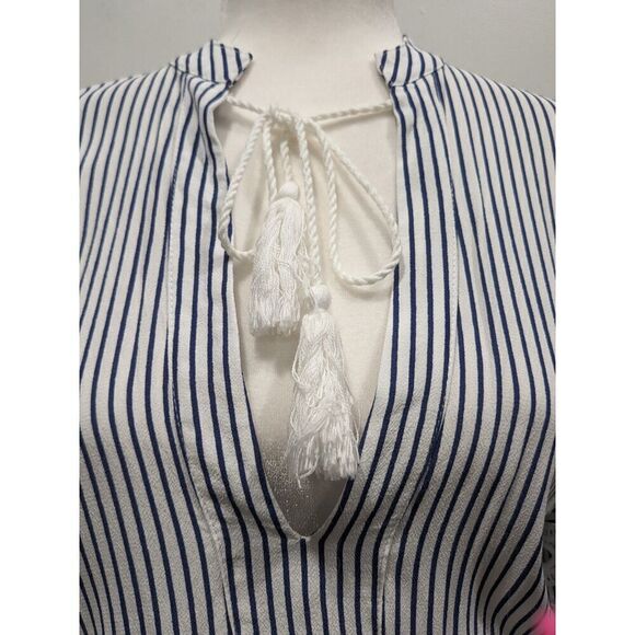 Aqua Anthropologie Striped Smocked Long Sleeve Crochet Tassel Tie Mini Dress, XS - Picture 7 of 14